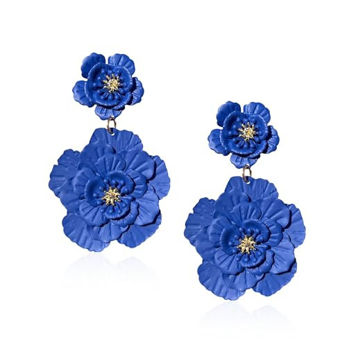 Just Follow Large Double Flower Earrings Candy Color Metal Flower Dangle Earrings Romantic Boho Sweet Flower Statement Earrings for Women Girl Wedding Party Jewelry (Blue) | Amazon (US)