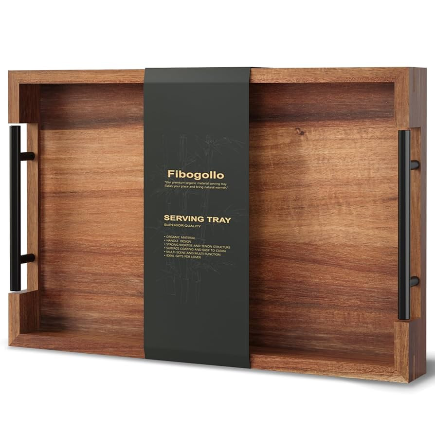 Acacia Wood Serving Tray with Metal Handles,15x10in Ottoman Decorative Trays Platter for Coffee T... | Amazon (US)