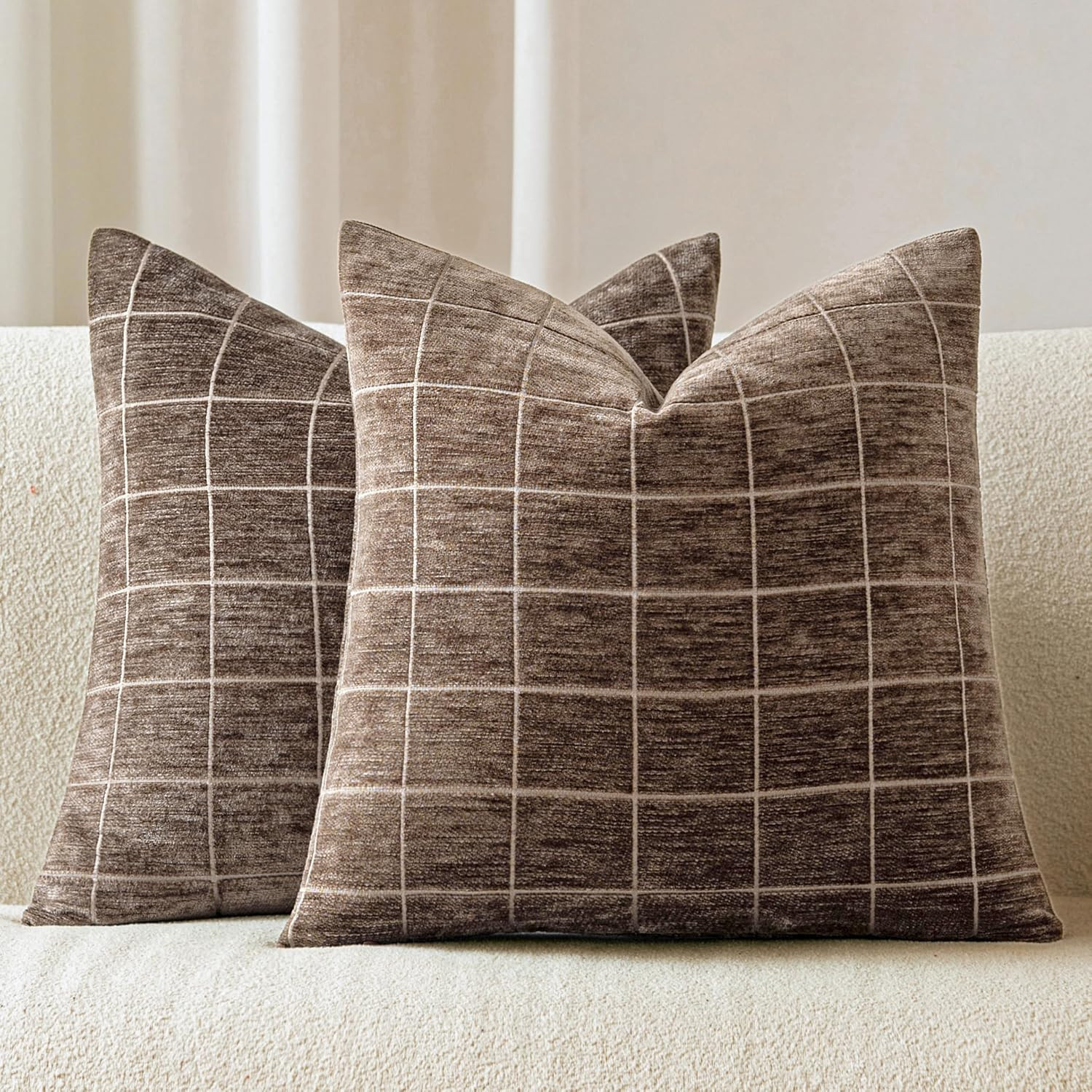 Decorative Chenille Plaid Throw Pillow Covers Taupe Grey 24x24 Set of 2 | Amazon (US)