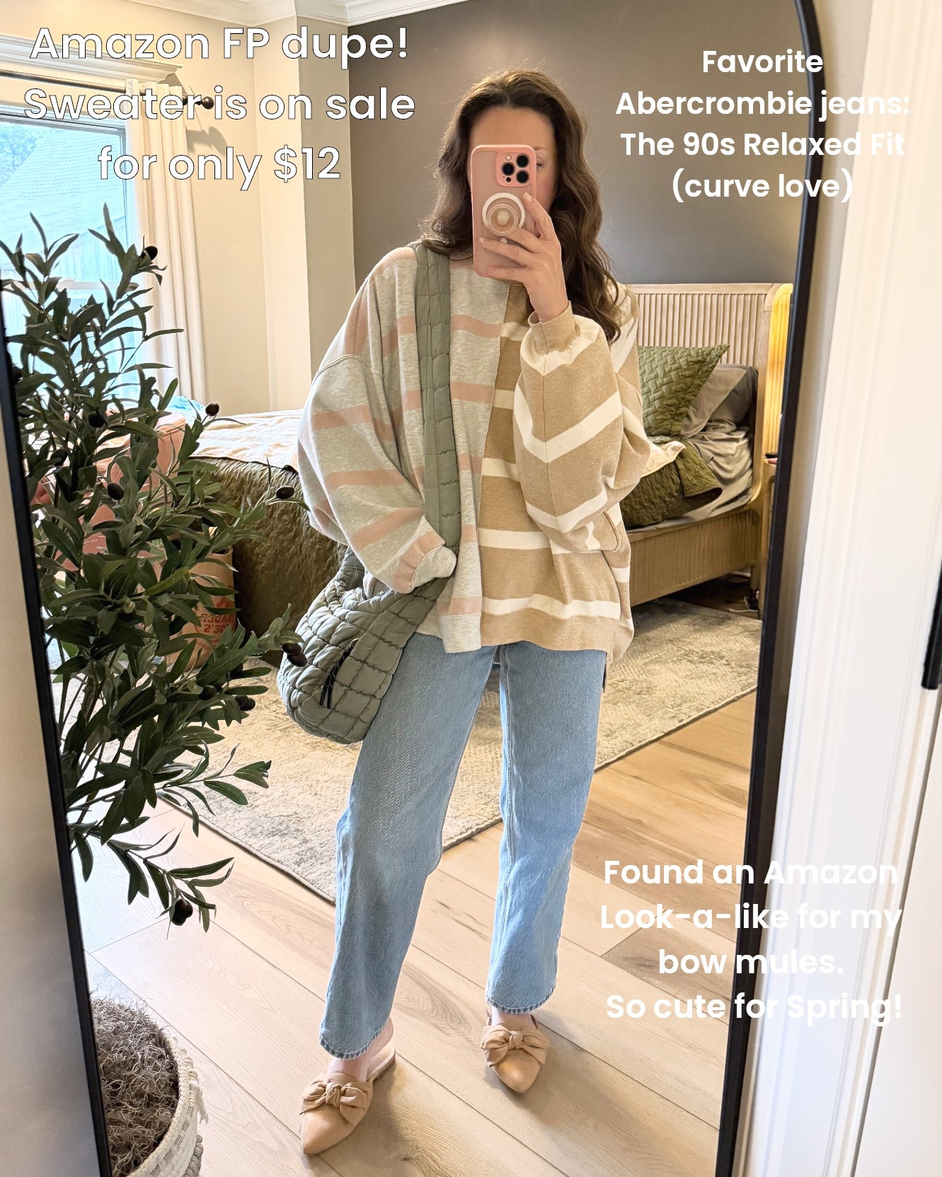 Stay At Home Mom OOTD 🫶

The cutest sweater for heading into spring! It’s an Amazon FP dupe and on sale for only $12!!! Wearing the Small

These are my favorite jeans, the Abercrombie 90s Relaxed Fit ❤️ Wearing a 24 short (I go between a 24 & 25 there, I size down for the looser fit jeans)

Found a good Amazon look-a-like for my bow mules, so cute for spring! 

#LTKmomlife #LTKootd #LTKdayinmylife