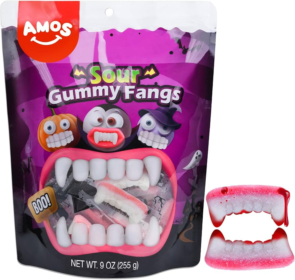 Amos Gummi Teeth Candy Vampire Teeth - Gummy Fangs Individually Wrapped, 32 Count, 9oz Bag, Halloween Candy for Trick-or-Treat | Amazon (US)