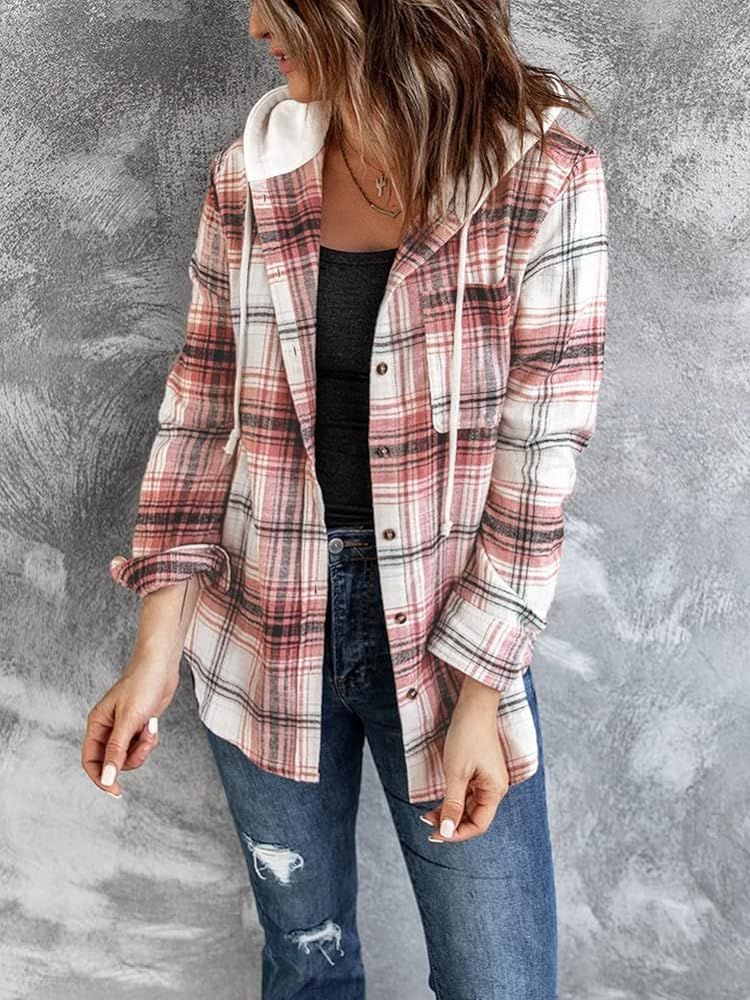 INFITTY Women's Buffalo Plaid Hoodie Long Sleeve Jacket Button Drawstring Casual Fall Shirts with Po | Amazon (US)