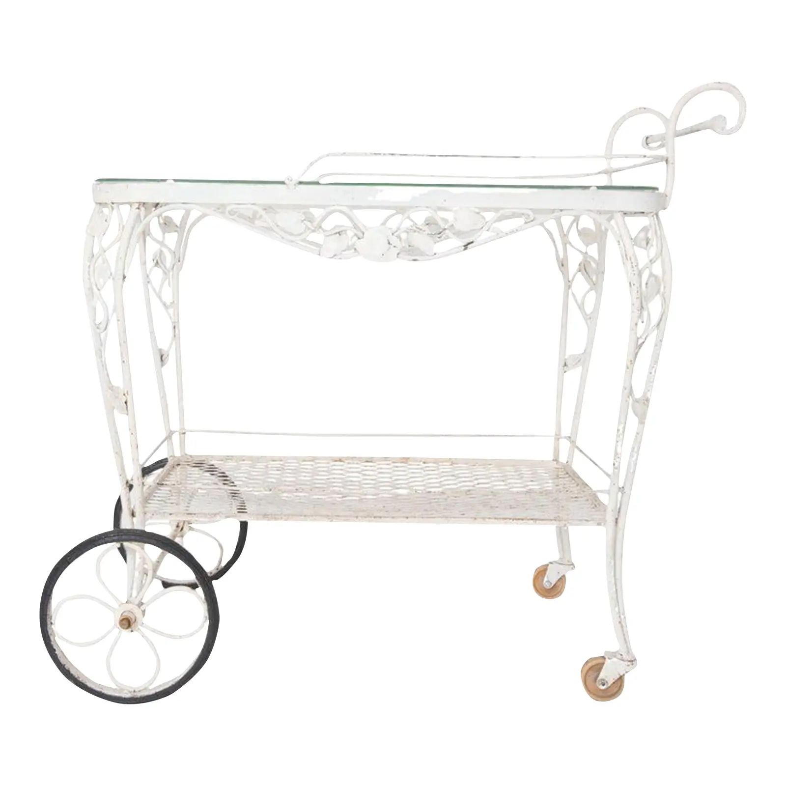Vintage Woodard Chantilly Rose White Wrought Iron Tea or Bar Cart | Chairish