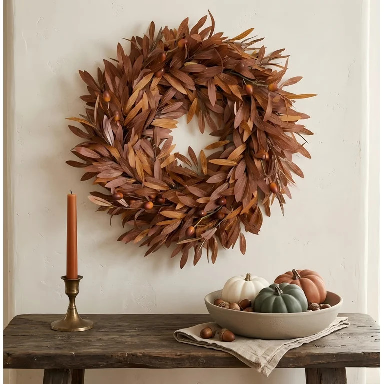 18" Artificial Autumn Olive Wreath for Front Door - Fall Foliage Wreath with Berries, Rustic Mode... | Walmart (US)