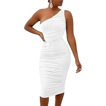LAGSHIAN Women's Sexy One Shoulder Ruched Sleeveless Bodycon Party Cocktail Dress | Amazon (US)
