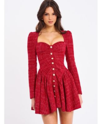 Miss Circle Women's Tae Red Tweed Long Sleeve Drop Waist Mini Dress - Macy's | Macy's