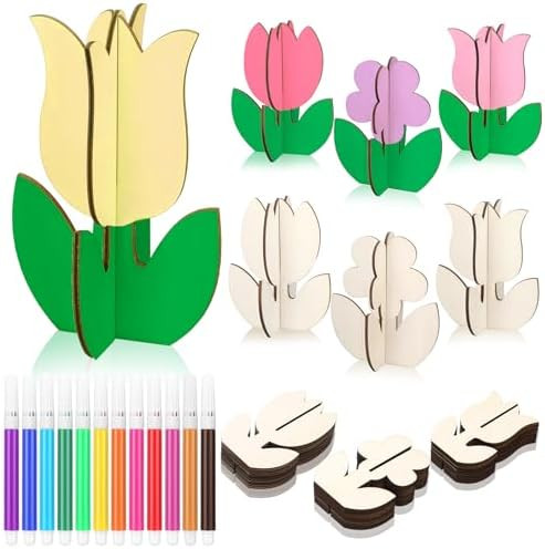 Blosssound 48 Pcs Spring Crafts Set 36 Pcs 3D Wooden Flower Cutouts Unfinished Tulip Slices Wood ... | Amazon (US)