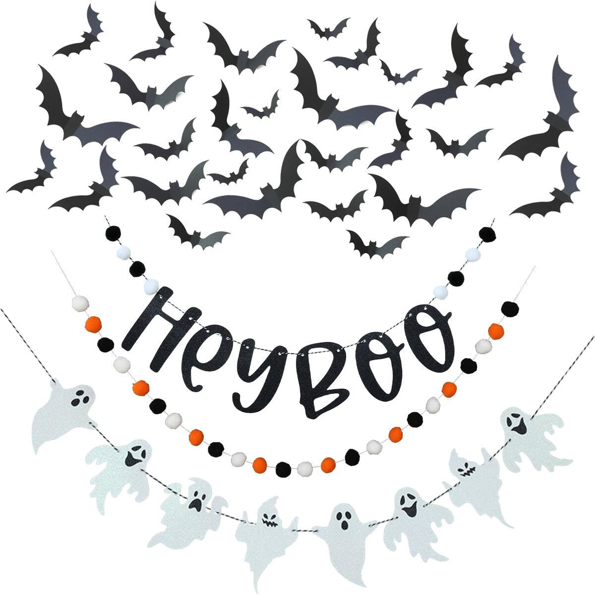 Halloween Banner Pom Pom Garland Set Hey Boo Glittery Ghost with Black Bat Wall Sticker for Hallo... | Amazon (US)