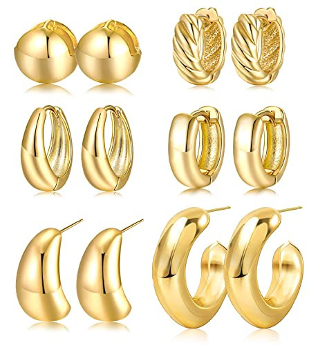6 Pairs Gold Hoop Earrings for Women, Dainty 14K Gold Plated Earrings Stacks, Hypoallergenic Dangle Hoop Earring Set for Sensitive Ears | Amazon (US)