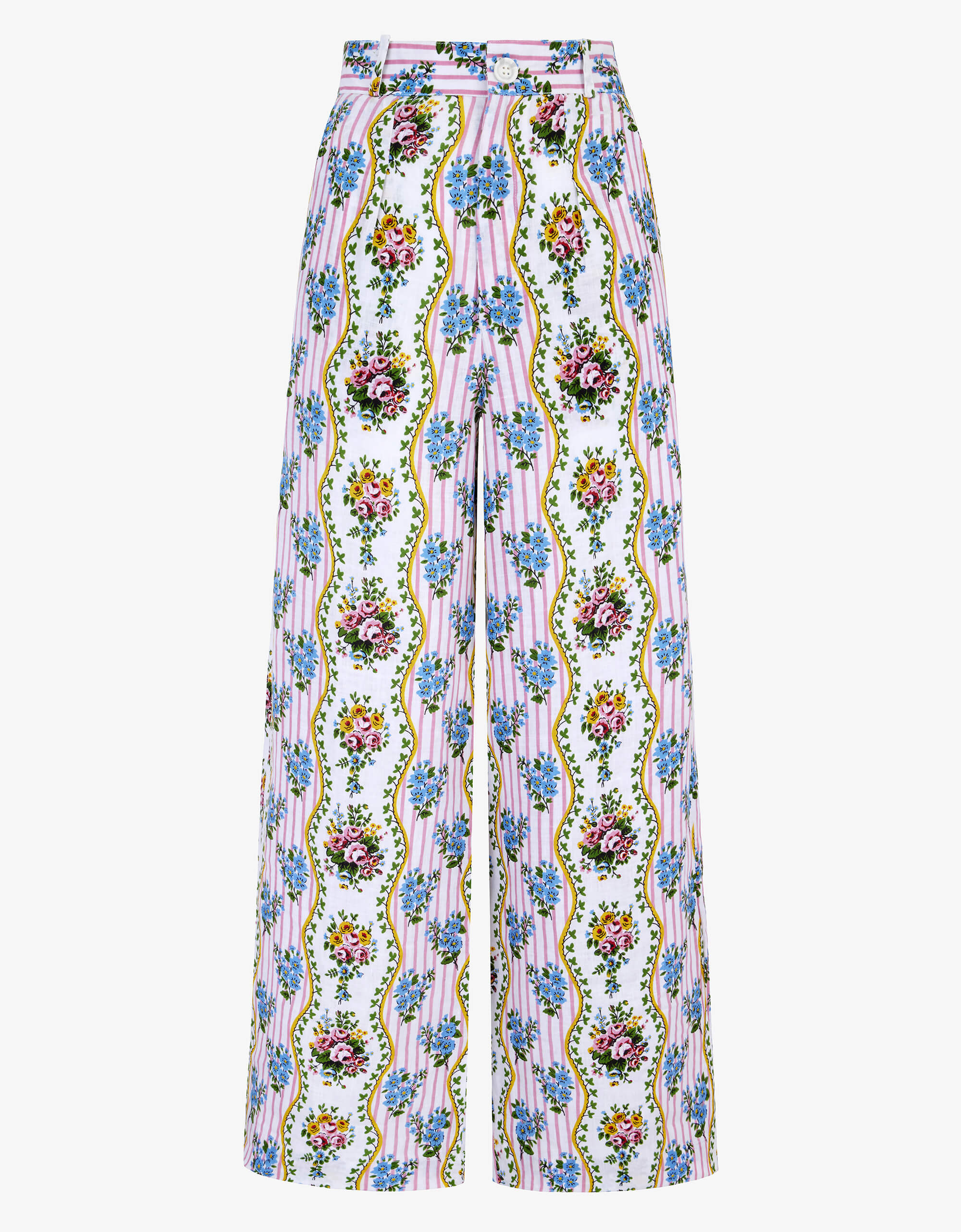 Gabi Trousers | Yellow, Pink & Blue Flower | Screen Printed Linen | Pink City Prints UK