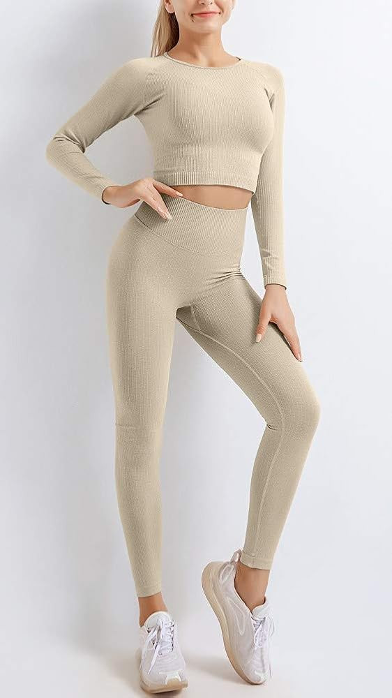 OLCHEE Women's 2 Piece Tracksuit Workout Outfits - Seamless High Waist Leggings and Long Sleeve Crop | Amazon (US)