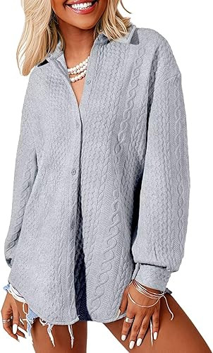 Astylish Women Long Lantern Sleeve Shirts Cable Textured V Neck Button Down Tops Casual Oversized... | Amazon (US)