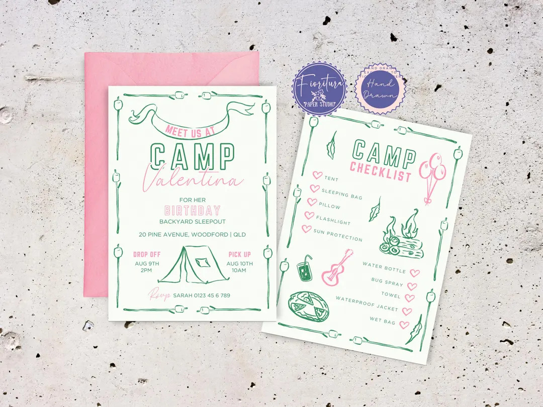Camp Birthday Party Invitation & Packing Checklist Editable Canva Template | Cute Hand-Drawn Pink... | Etsy (US)