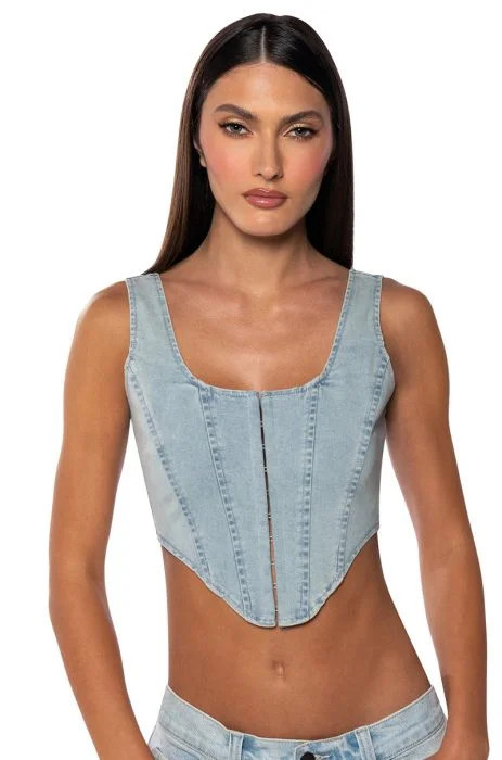 TREAT ME DENIM CORSET TANK TOP IN BLUE | AKIRA