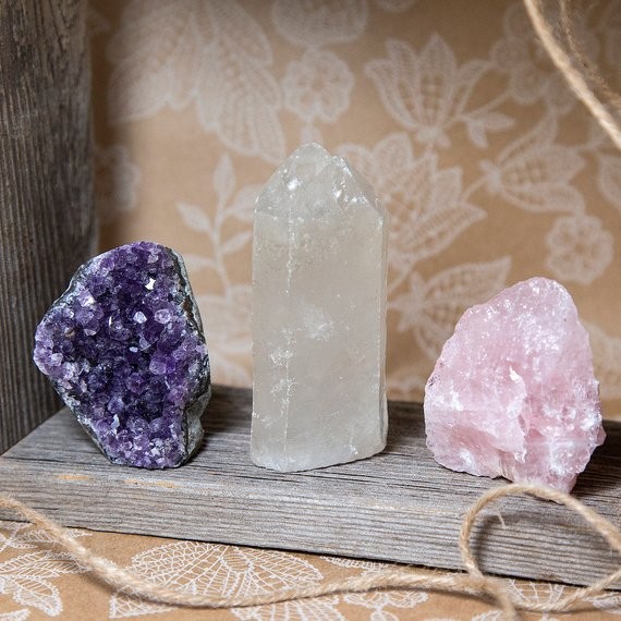 Crystal Healing Trio Set, Rose Quartz Chunk, Amethyst Cluster, Clear Quartz Point, Home Decor For... | Etsy (US)
