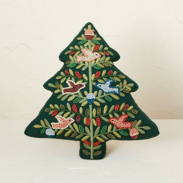 Beaded and Embroidered Velvet Christmas Tree Shaped Throw Pillow Dark Green - Opalhouse&#8482; de... | Target