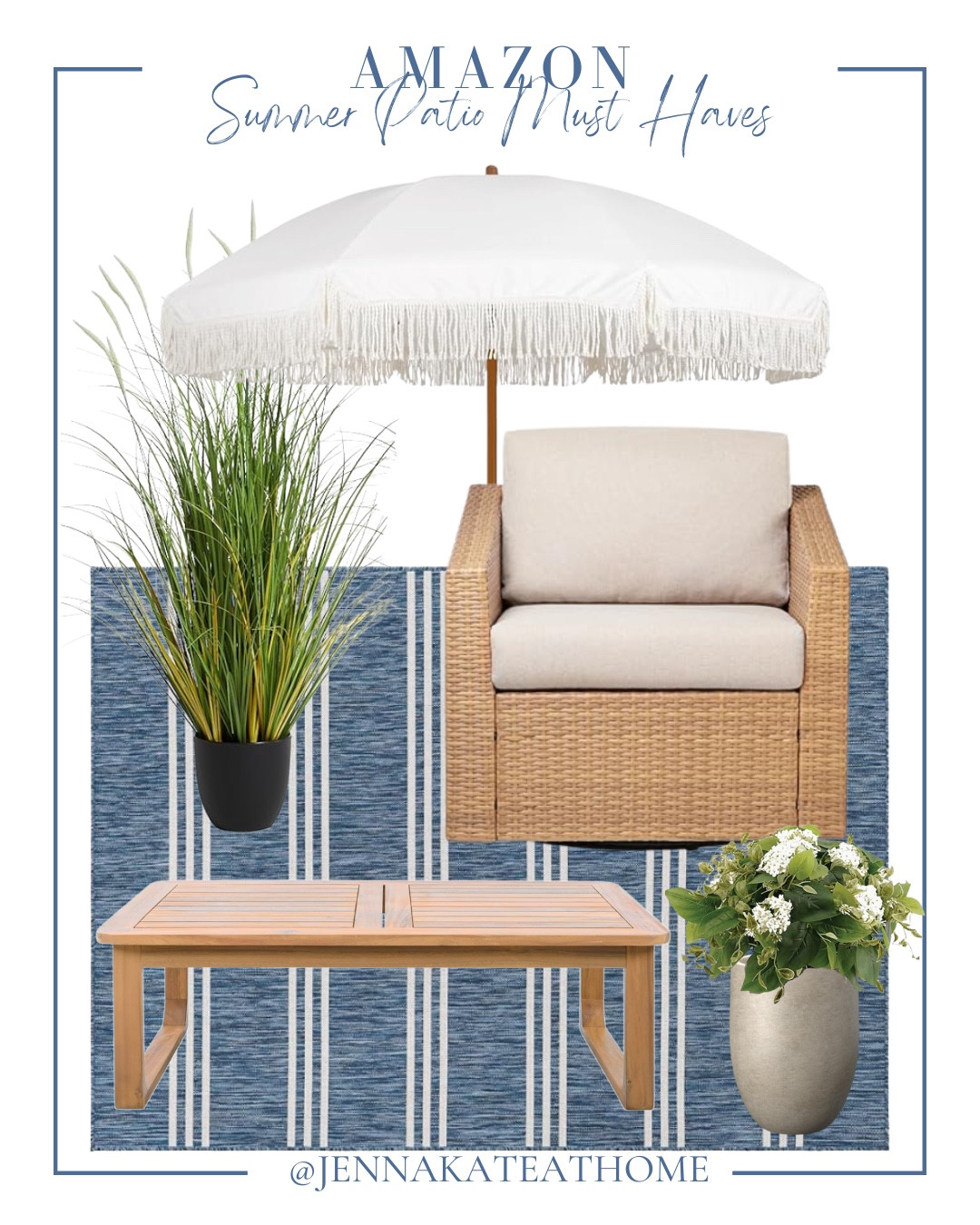Summer patio must haves include umbrella, area rug, outdoor accent chair, planter, faux outdoor plant.

Home decor, patio decor, outdoor entertaining, looks for less, coastal home

#LTKHome #LTKSeasonal #LTKSaleAlert