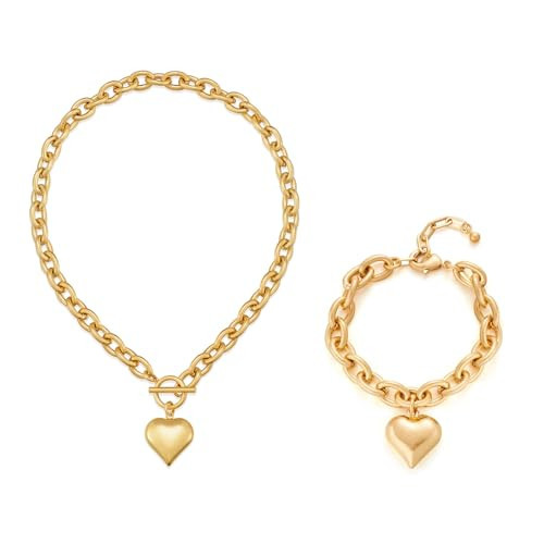 CLASSYZINT Heart Pendant Chain Necklace and Gold Chunky Link Heart Charm Bracelets | Amazon (US)