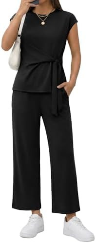 Casly Lamiit Two Piece Sets for Women Summer Outfits Cap Sleeve Belted Crop Top Wide Leg Pants Ma... | Amazon (US)