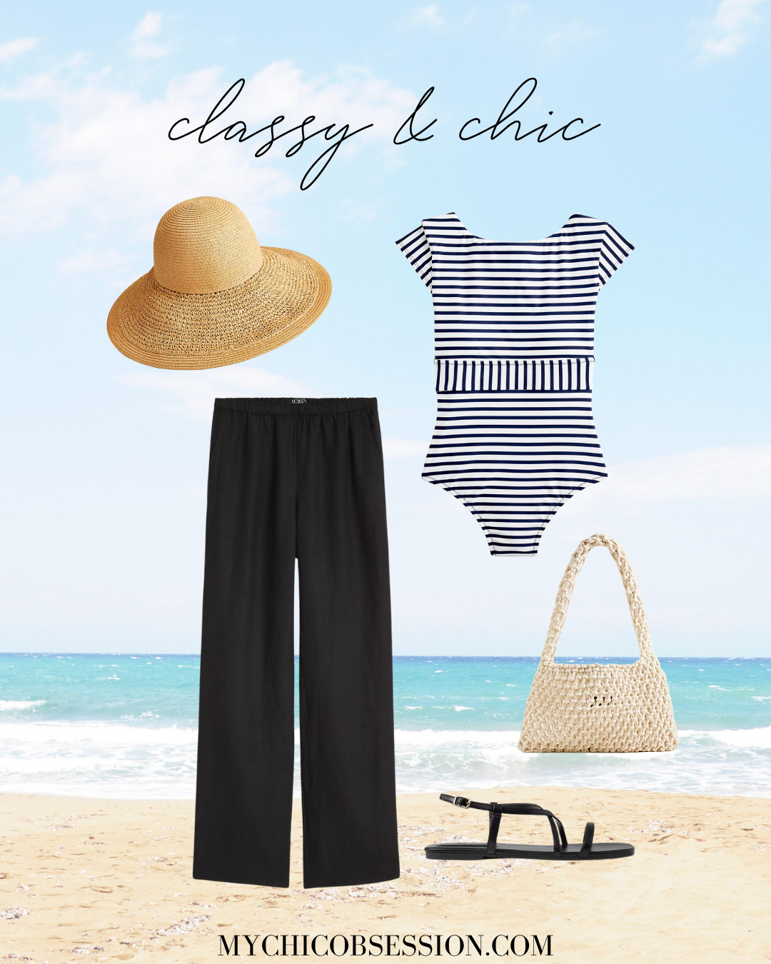 Style a classy and chic look for summer with an elegant one-piece swimsuit, flowy linen pants, a straw hat, woven bag, and strappy black sandals. 

 #LTKSeasonal #LTKStyleTip #LTKSwim