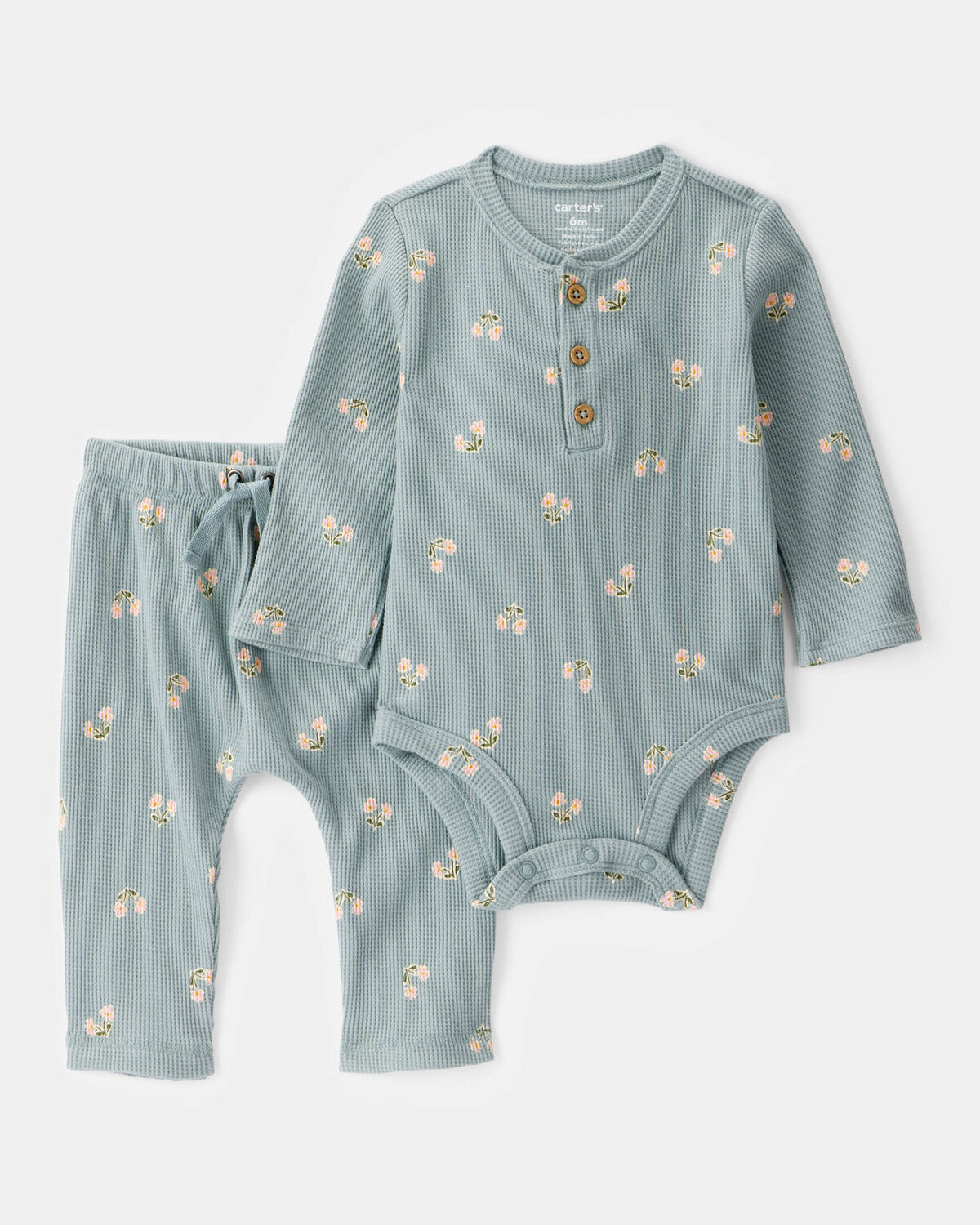 Baby Girl 2-Piece Floral Waffle Knit Long-Sleeve Bodysuit Pant Set - Green | Carter's Inc