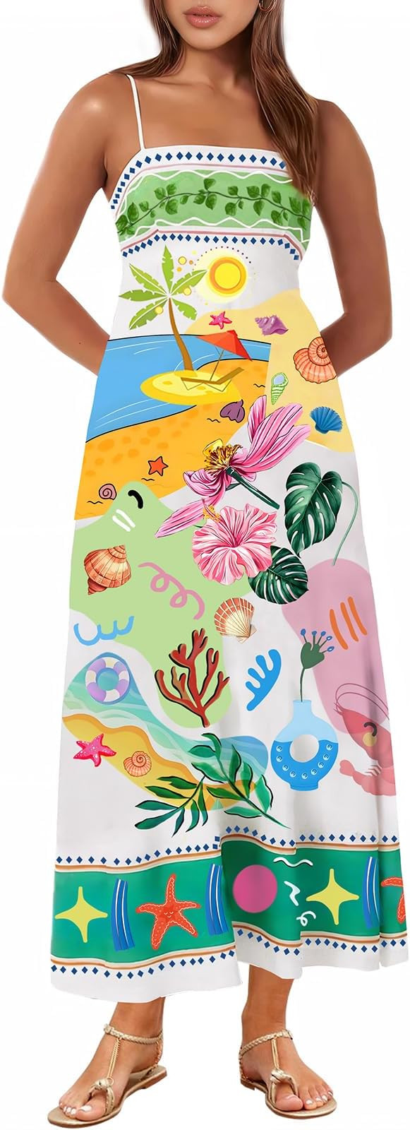 Women Spaghetti Strap Graffiti Maxi Dress Sleeveless Loose Boho Flowy Long Sundress Colorful A Li... | Amazon (US)