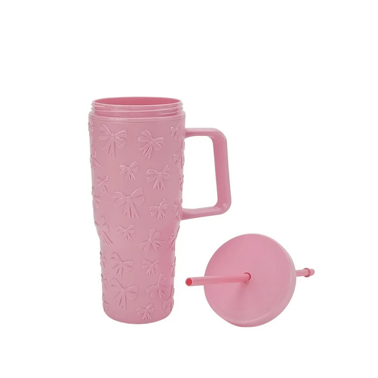 30 Ounce Pink Acrylic Double Wall Embossed Bows Tumbler with Straw and Handle, by Holiday Time | Walmart (US)
