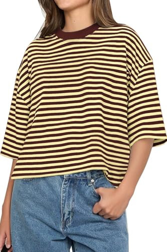 CHYRII Womens Oversized Striped Short Sleeve T Shirts Fashion 2026 Casual Summer Y2K Clothes (Yellow+Ancora Red XS) | Amazon (US)