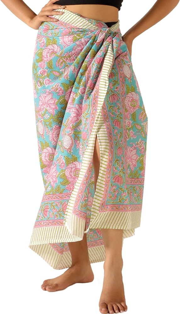 100% Cotton Sarong Coverup for Women Indian Hand Block Print Swimsuit Pareo Wrap Skirt Beach Biki... | Amazon (US)