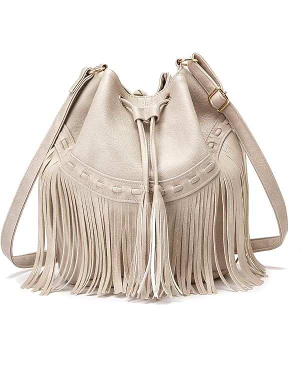 Leather Bucket Bags for Women Crossbody Fringe Purses with Drawstring Ladies Tassel Hobo and Shou... | Amazon (US)