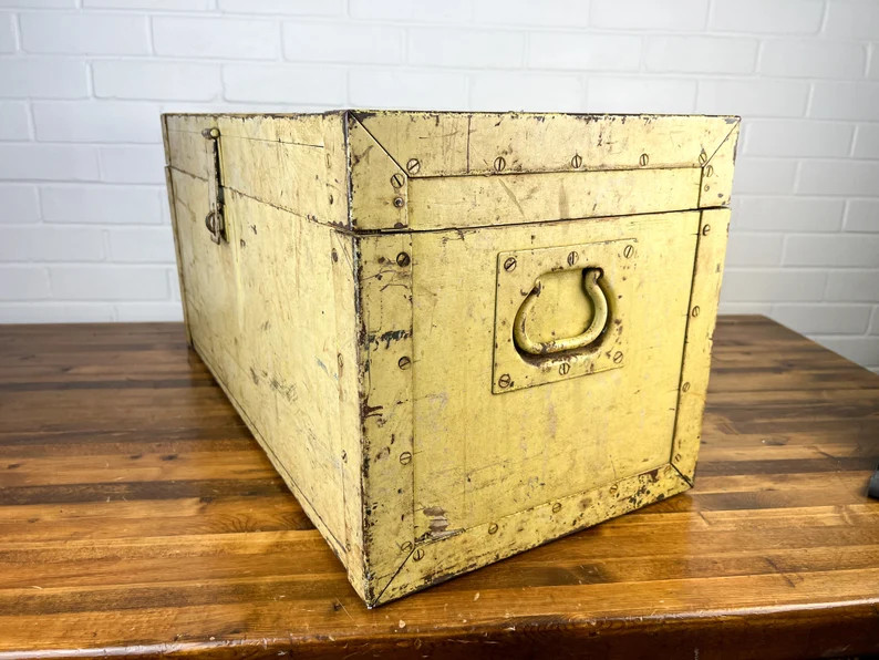 Large 28x14" Yellow Wooden Chest with Lid and Handles Authentic Vintage Tool Box Very Heavy Distr... | Etsy (US)