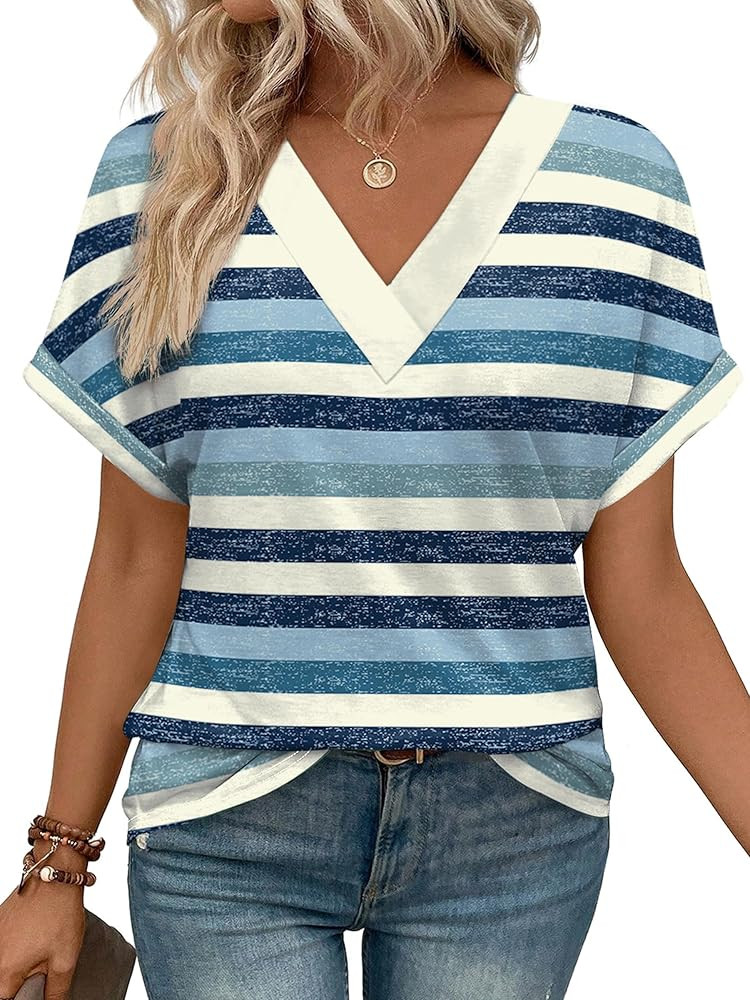 WIHOLL Womens Summer Tops Short Dolman Sleeve Shirts 2026 Fashion V Neck Outfits Clothes | Amazon (US)