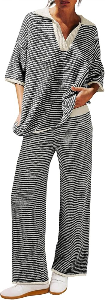 Tankaneo Womens Sweater Set Striped 2 Piece Outfits Oversized 3/4 Sleeve V Neck Knit Tops Wide Le... | Amazon (US)