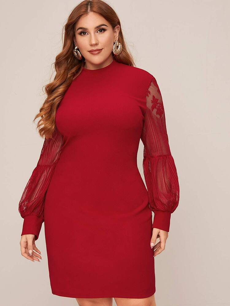 Plus Mock-Neck Lace Lantern Sleeve Dress | SHEIN