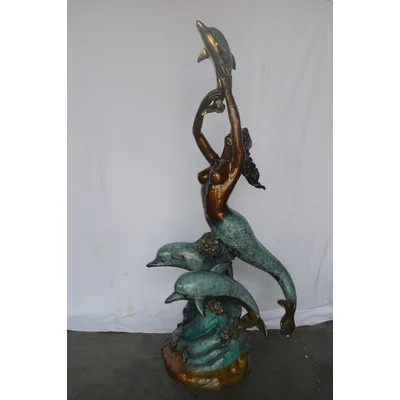 Mermaid and Three Dolphins Fountain Bronze Statue - Size 34" L x 41" W x 83 "H | Wayfair North America