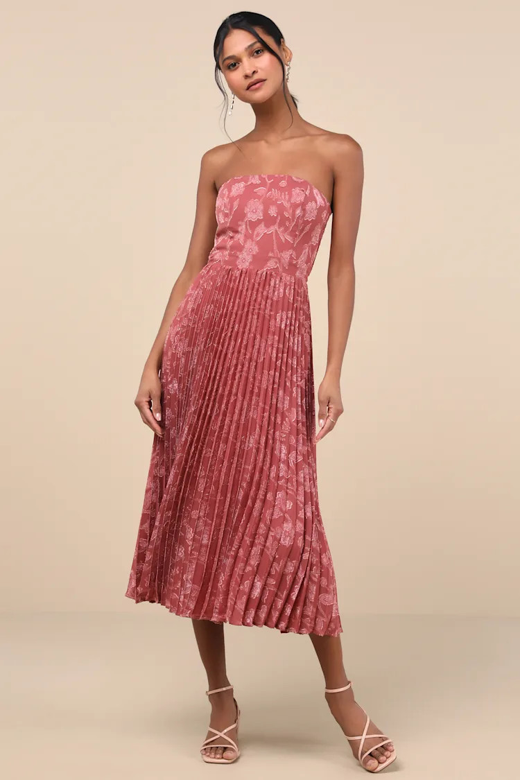 Perfectly Stunning Rusty Rose Jacquard Strapless Midi Dress | Lulus
