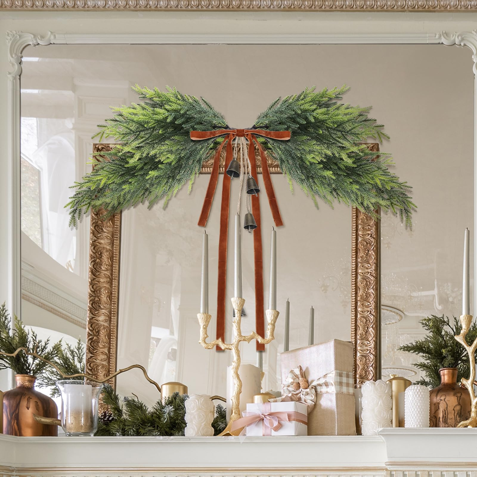 25.6'' Christmas Mirror Garland Artificial Norfolk Pine Swag for Mirror Decor with Xmas Bells Vel... | Amazon (US)