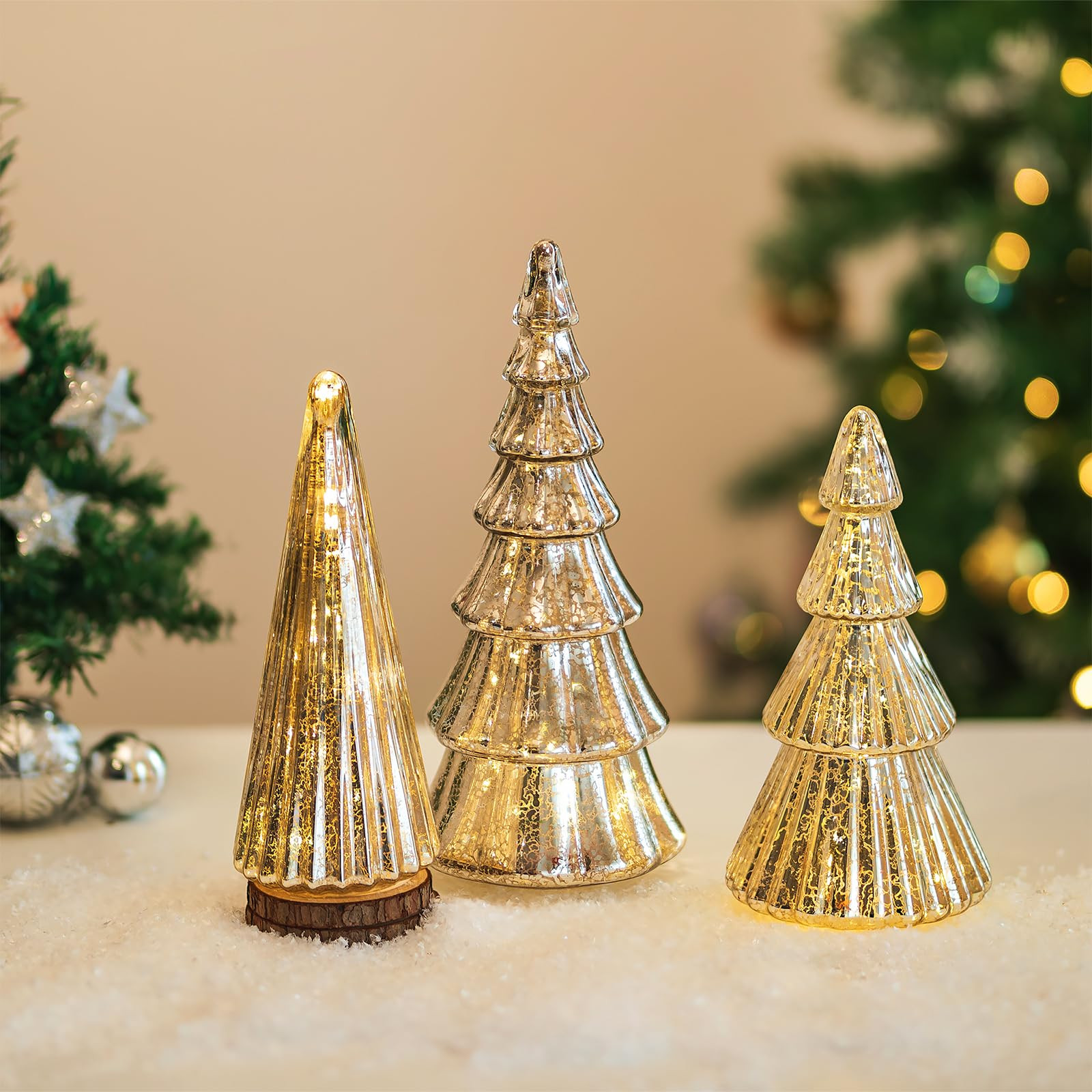 Hewory Mercury Glass Christmas Tree: Set of 3 Silver Tabletop Christmas Ornaments Trees with LED ... | Amazon (US)