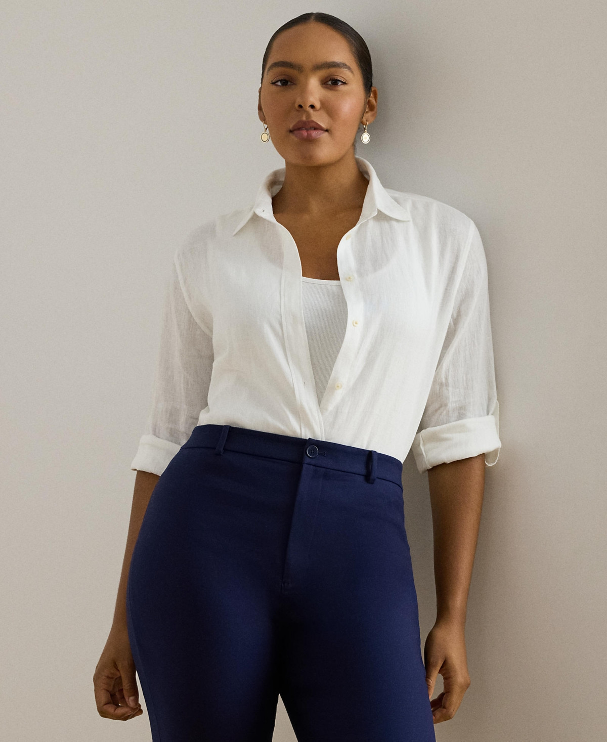 Lauren Ralph Lauren Plus Size 100% Linen Roll-Tab Shirt - White | Macy's