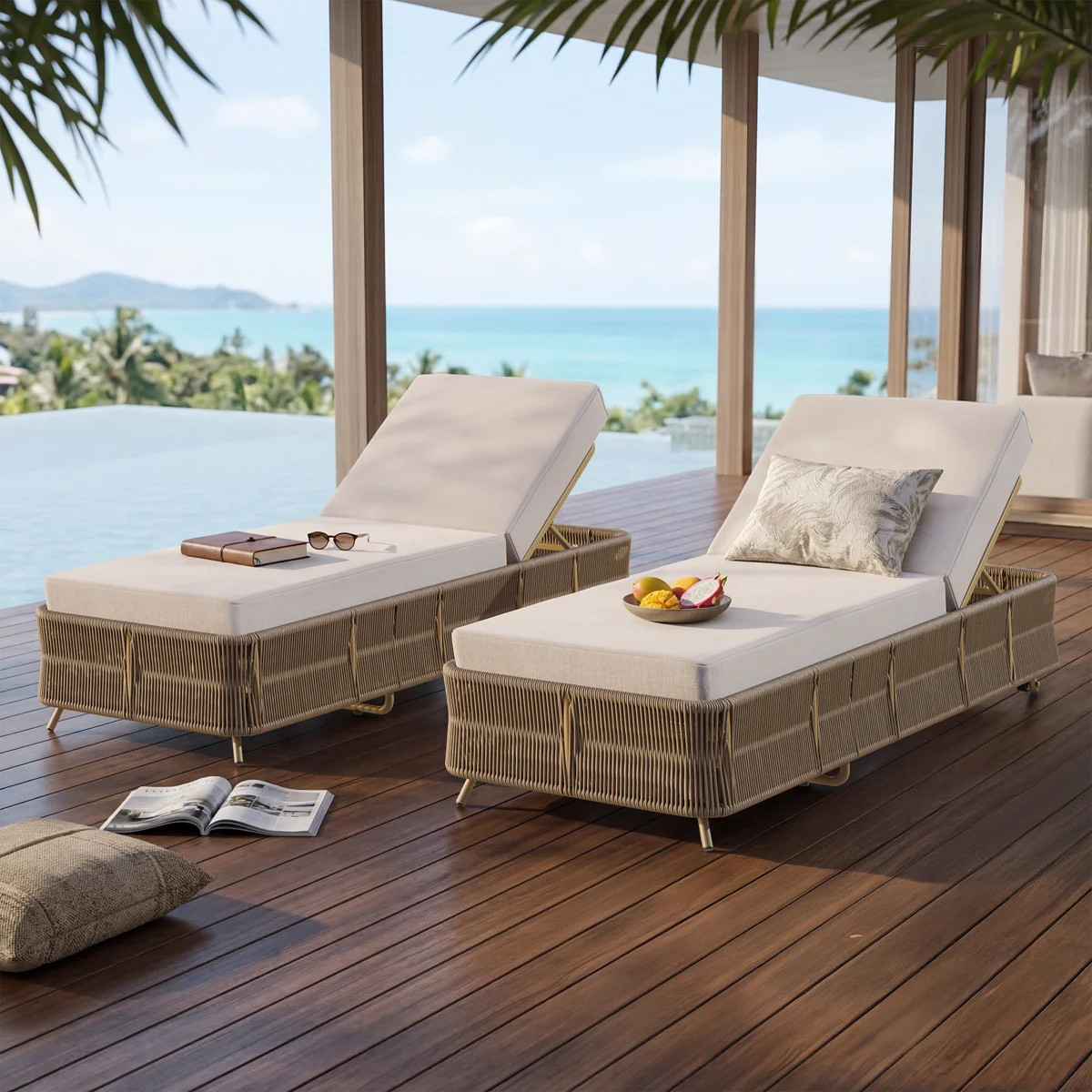 Luna Single Rope Brown Sun Lounge Chair - Outdoor Chaise Lounge with Plush Cushion & 5-Level Back... | Wayfair North America