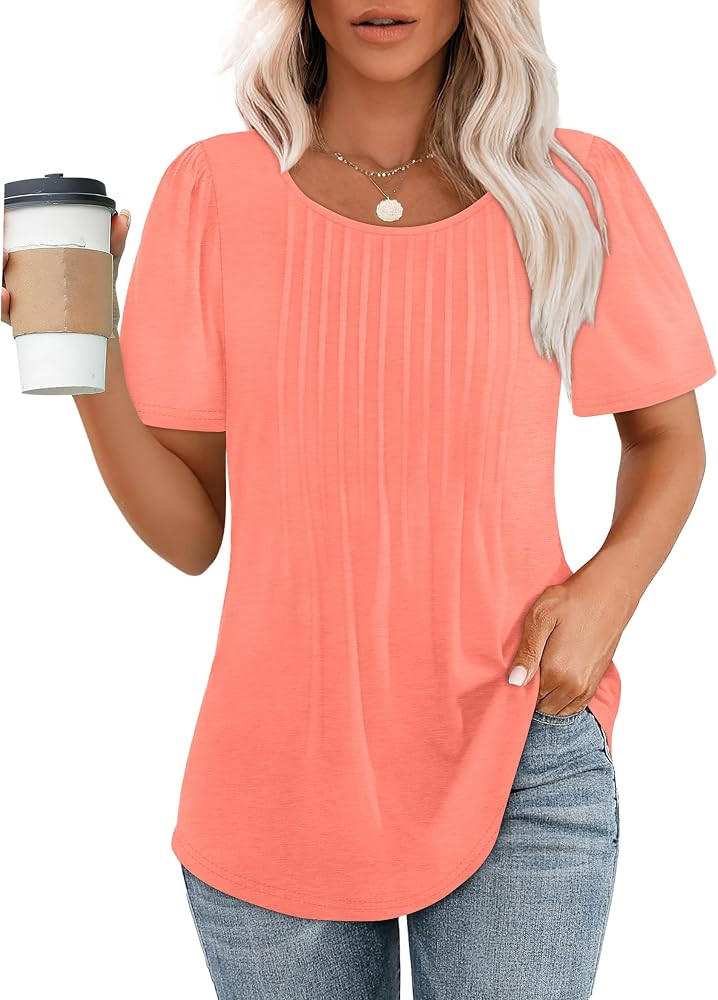 OFEEFAN Womens T Shirts Short Sleeve Pleated Dressy Casual Scooped Neck Summer Tops Blouses | Amazon (US)