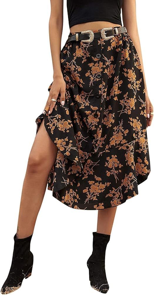 SheIn Women's Floral Print Button Front Ruffle Hem High Waist A Line Midi Skirts | Amazon (US)