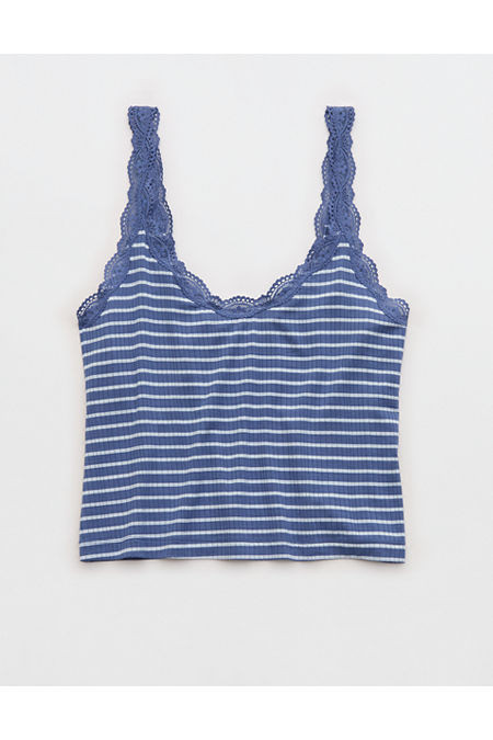 Superchill Modal Rib Lace Trim Tank Top Women's Marbled Blue M | Aerie