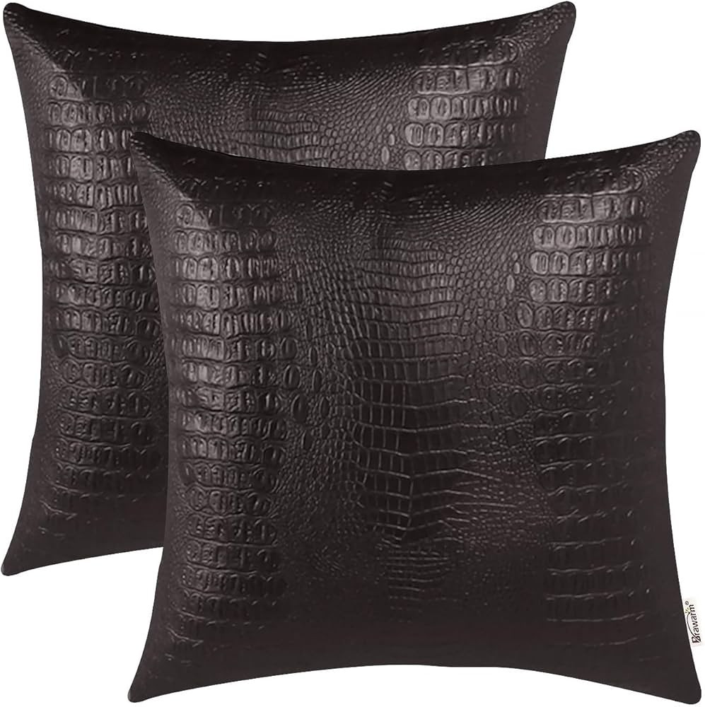 BRAWARM Faux Leather Pillow Covers 22 X 22 Inches, Brown Leather Pillow Covers Pack of 2, Crocodi... | Amazon (US)