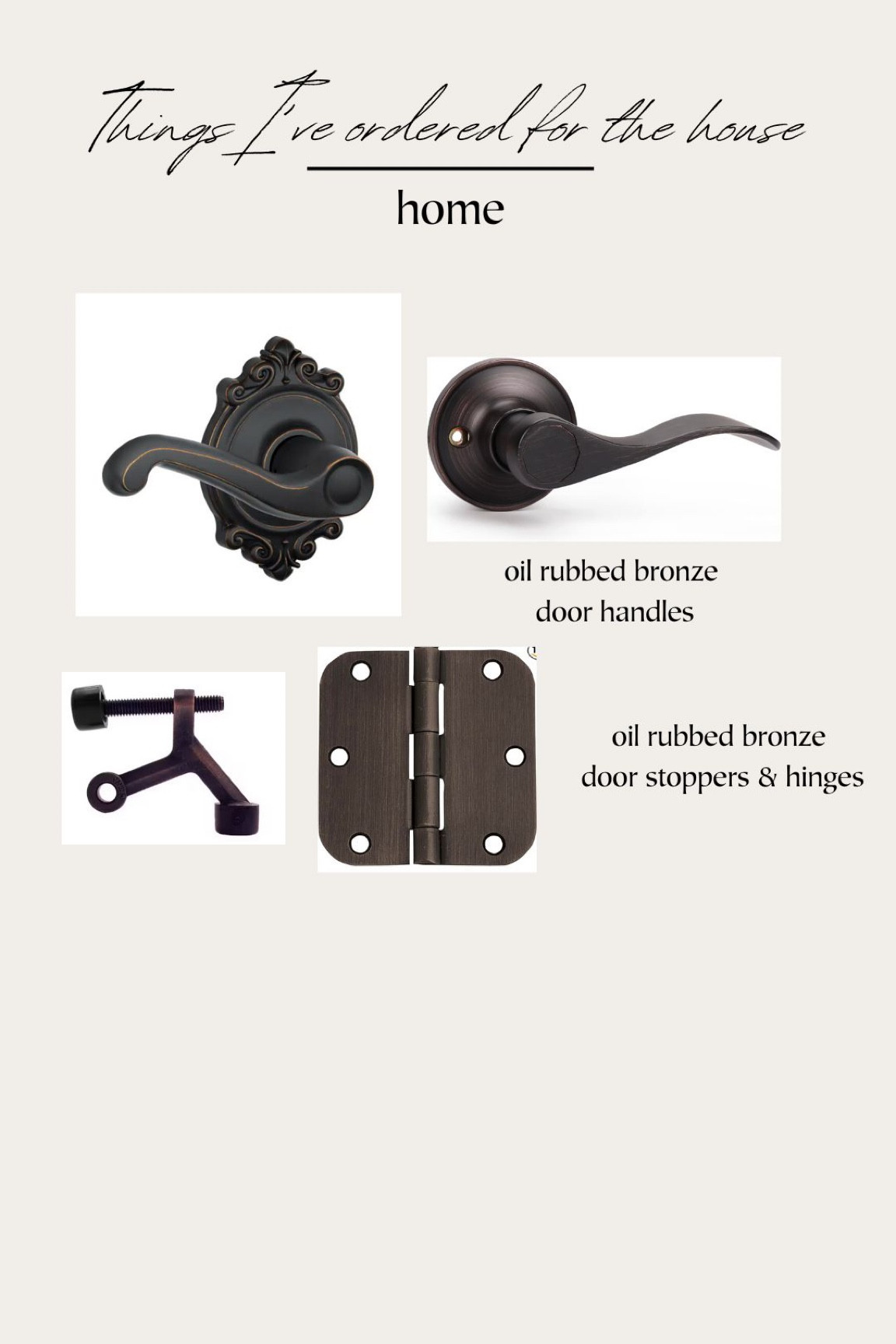 Home build - things I’ve ordered for the house 

Oil rubbed bronze/black door handles, door stoppers, hinges
Doors 
Home finds 
Amazon 
Remodel 



#LTKxPrime #LTKhome #LTKSeasonal