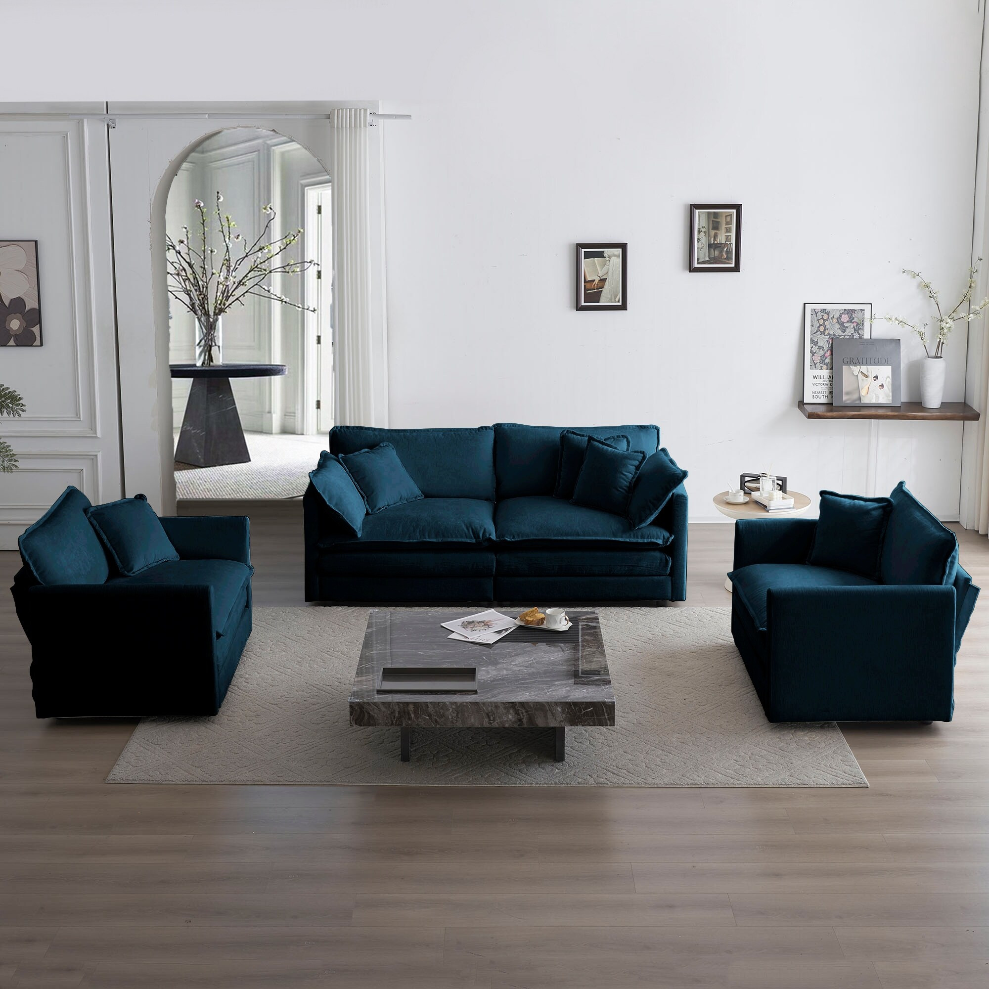 Blue 3-Piece Chenille Sofa Set with Loveseat and 2 Single Sofas | Bed Bath & Beyond