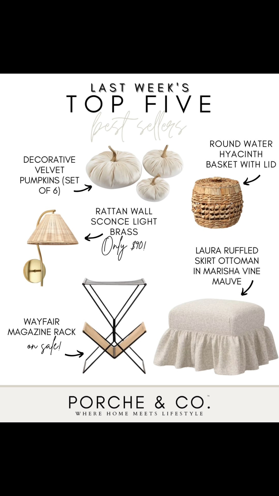 ✨ Last Week’s Top 5 Best Sellers ✨

Such a cozy mix this week — charming accents, natural textures, and timeless pieces perfect for adding warmth and character to your home. 🤍

🎃 Decorative Velvet Pumpkins (Set of 6) – The sweetest neutral seasonal accent for styling tables, shelves, and fall-inspired vignettes.

🧺 Round Water Hyacinth Basket with Lid – A beautiful way to add natural texture while keeping everyday essentials tucked away and organized.

💡 Rattan Wall Sconce Light in Brass (only $90!) – Such a pretty combination of woven texture and warm brass that instantly elevates a wall.

📚 Wayfair Magazine Rack (on sale!) – A stylish and functional piece for keeping magazines and books beautifully displayed.

🪑 Laura Ruffled Skirt Ottoman in Marisha Vine Mauve – The prettiest feminine accent with a charming ruffled detail that adds softness and personality to any room.

Tap to shop these best sellers before they’re gone ✨

#porcheandco #wayfairfinds #falldecor #neutraldecor #woven decor #traditionaldecor #cozyhome #homedecor #homeinspo

#LTKHome #LTKHome #LTKvlog