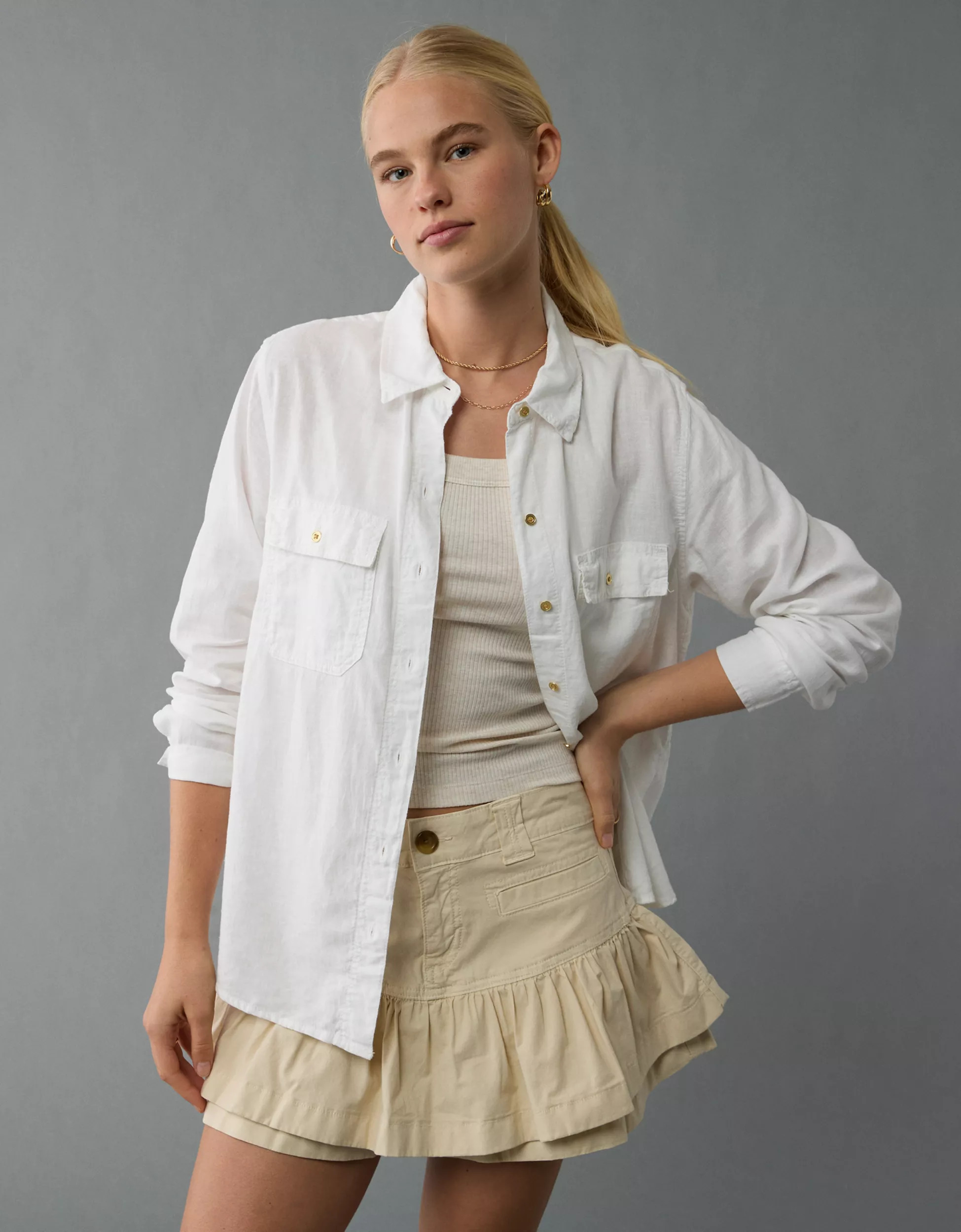 AE Weekend Vibes Linen-Blend Long-Sleeve Button-Up Shirt | American Eagle Outfitters (US & CA)