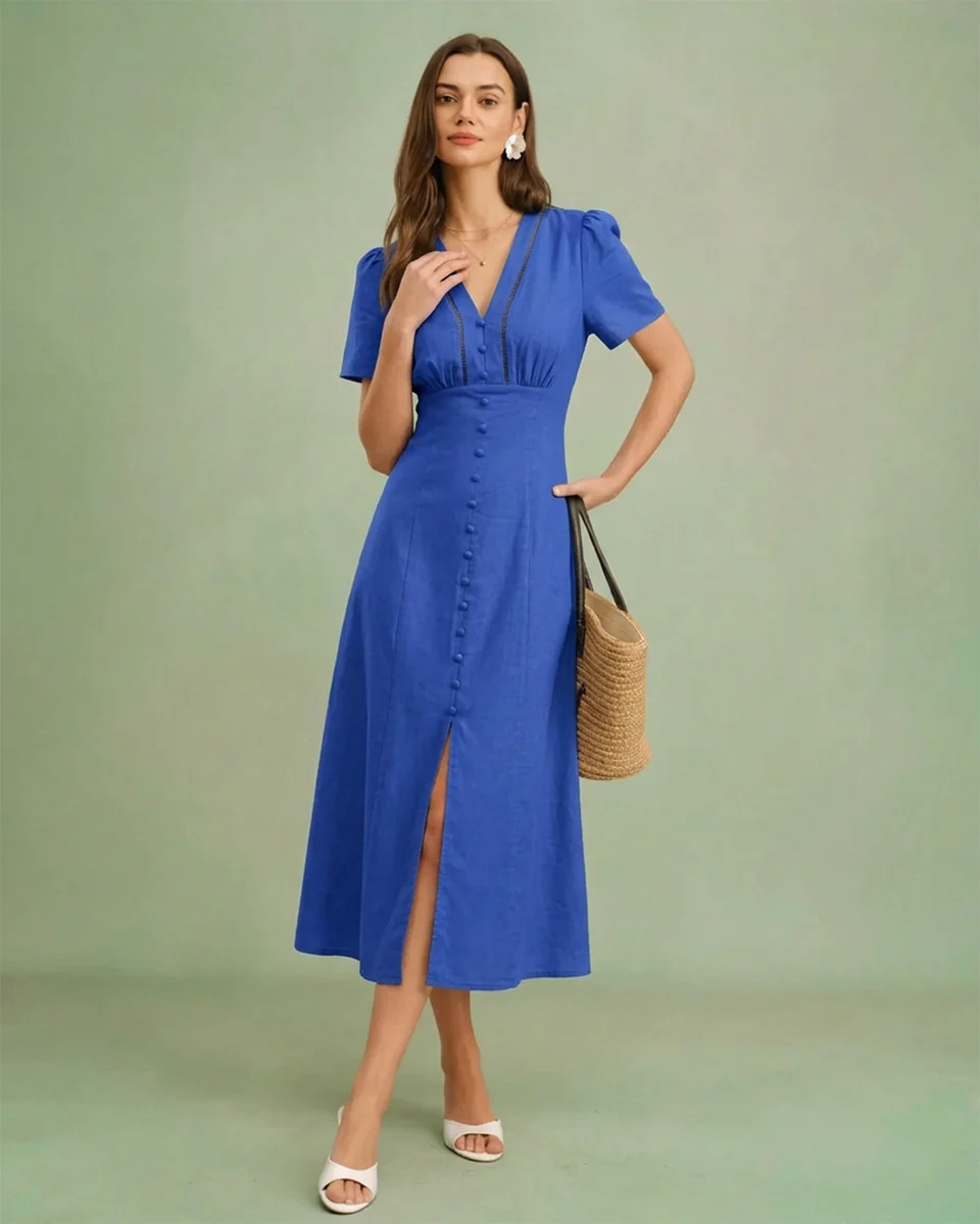 Blue V Neck A-Line Button Midi Dress | rihoas.com