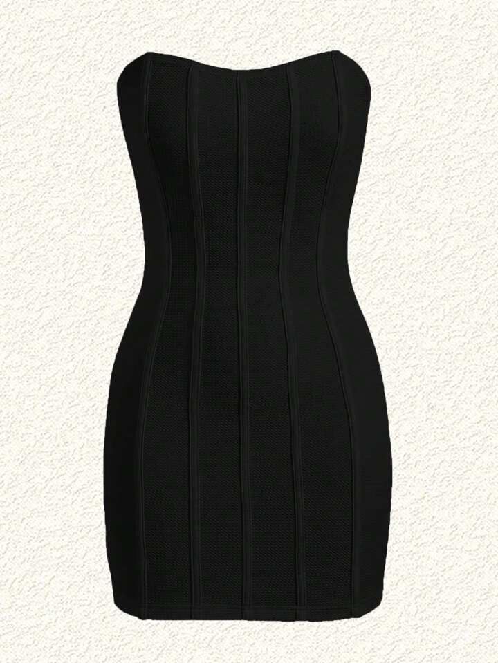 SHEIN EZwear Plus Size Women's Black Knit Bodycon Cocktail Dress With Strapless Neckline | SHEIN